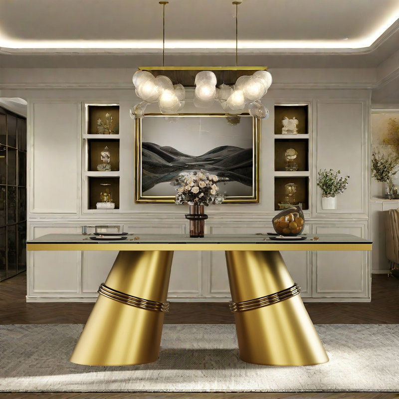 Everly Quinn Large Brushed Gold Dining Table with 78 inch Glass Top and Tapered Barrel Base Gold ...